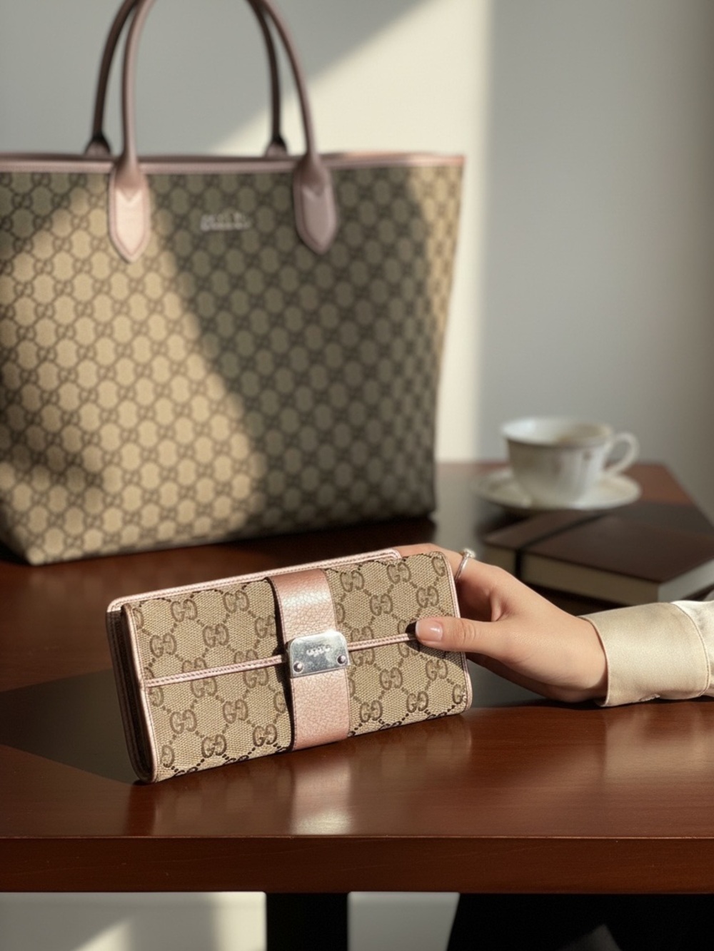 Authentic Gucci Brown Monogram Continental Wallet w/Metallic Taupe Strap & COA